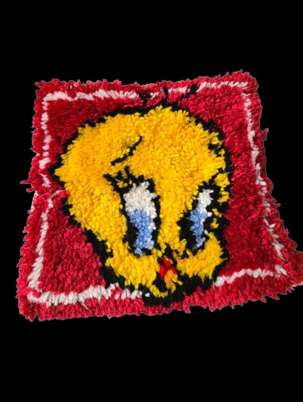 Vintage | Yellow Tweety Latch Hook Decorative Wall Square - Red Background
